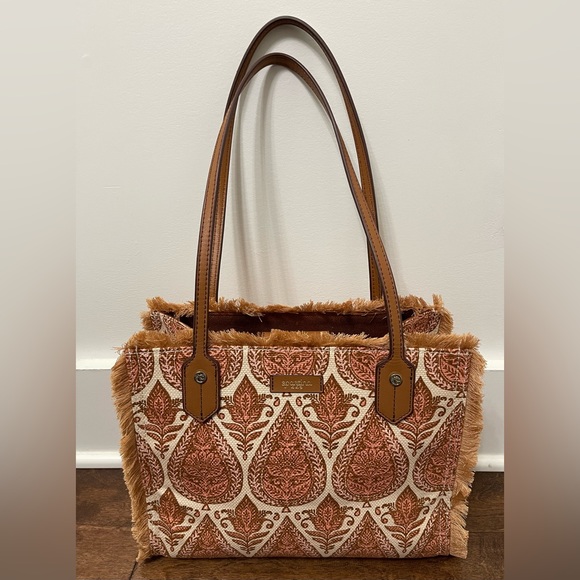 Spartina Anna Fringe Linen Leather Paisley Print Tan Peach Cream Fringe Handbag - Picture 3 of 11